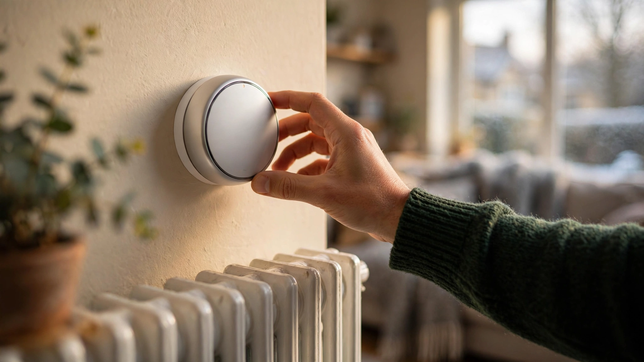 Hand adjusting a smart thermostat